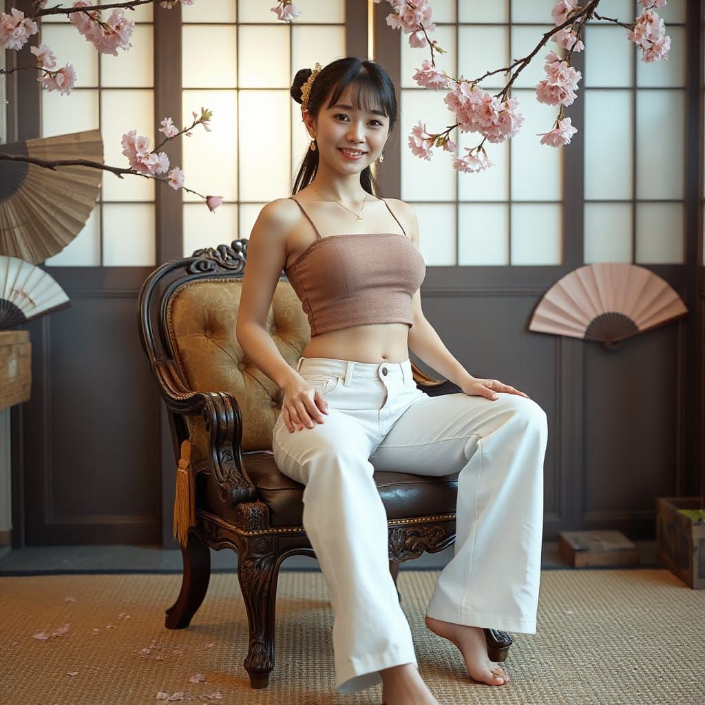 Japanese Woman in Traditional Setting, Photorealistic Style