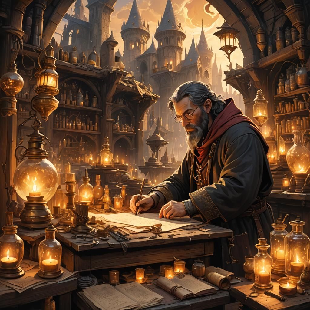 Alchemist in Ruined City, High Fantasy Concept Art