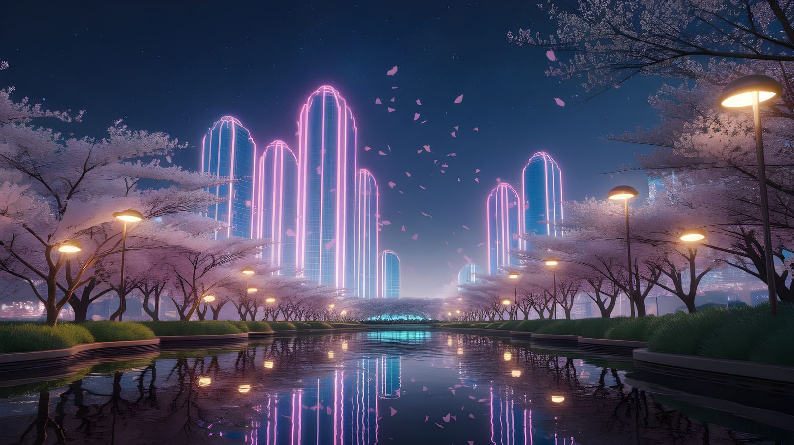 Cyberpunk Springtime Dreamscape Under Neon Skies