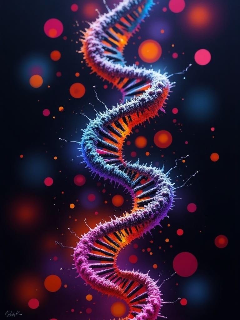 Intricate DNA Ladder with Neon Bokeh in Digital Art