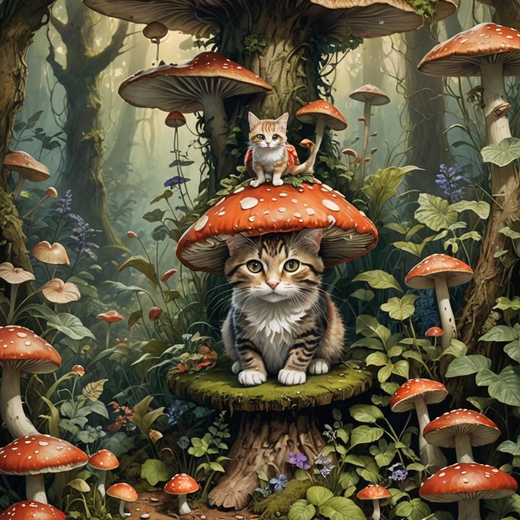Cat Dressed as Mushroom in Enchanted Forest