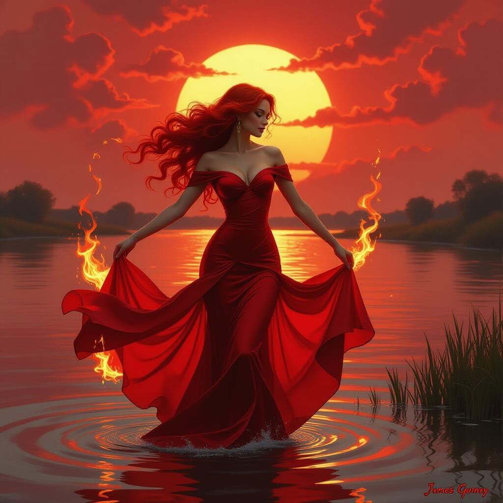 Fiery Dancer by the River at Sunset