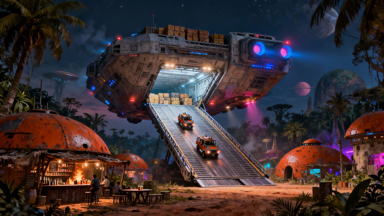 Sci-Fi Cargo Ship Resupplies Alien Town at Night