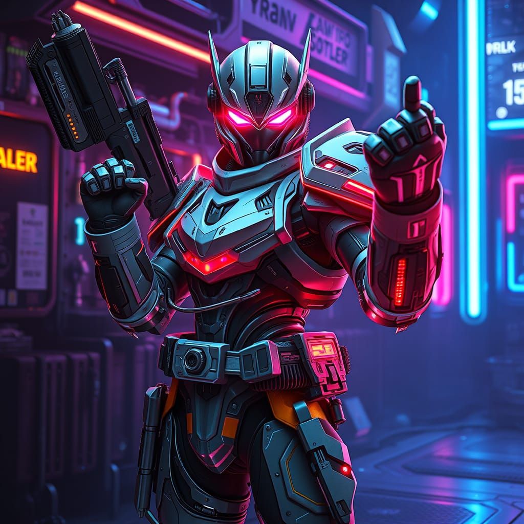 Heroic Sci-Fi Bounty Hunter in Neon-Lit Armor