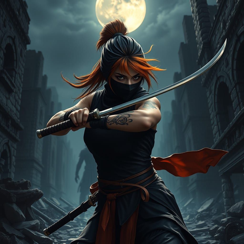 Woman Ninja Battles in a Dark Postapocalyptic Alley