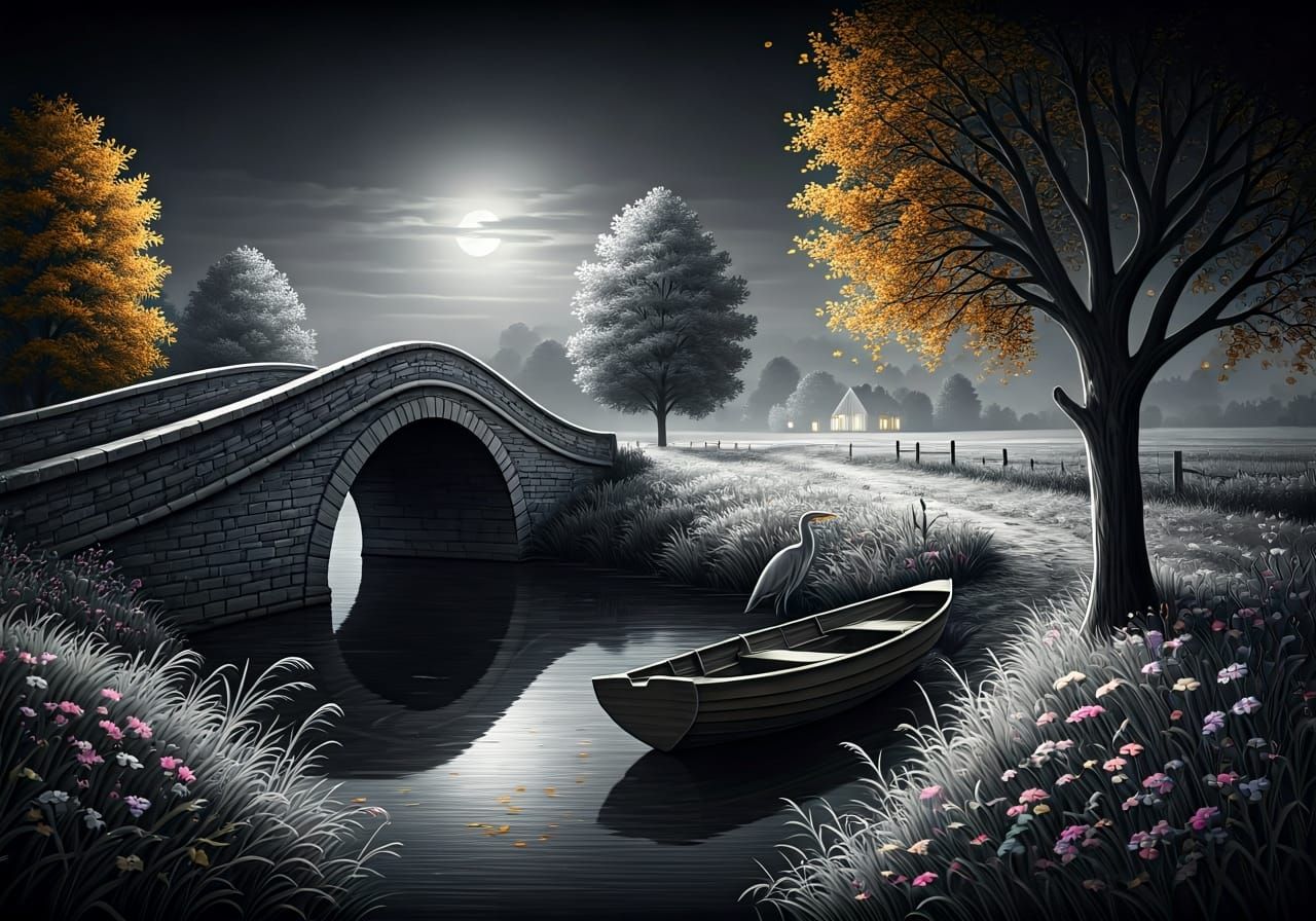 Serene Countryside Landscape in Graphite with Moon