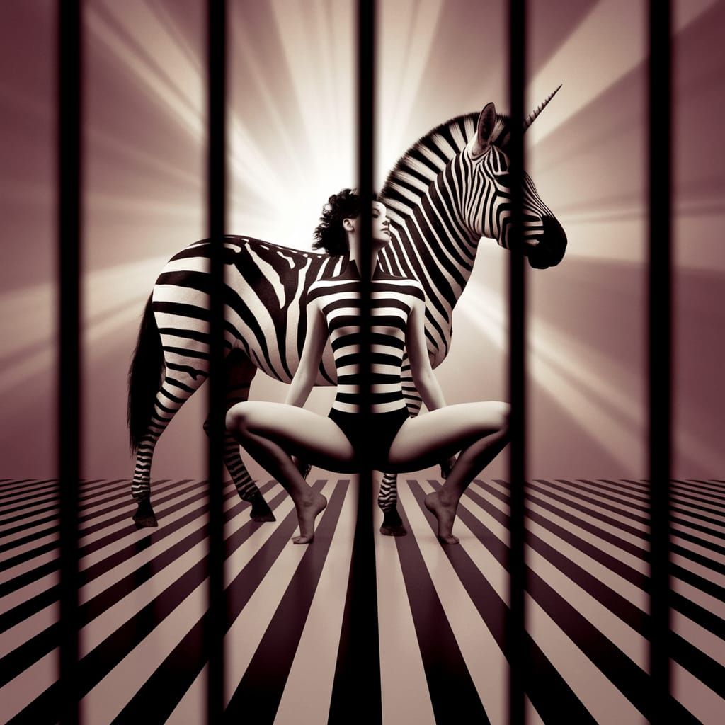 Striped Woman in Dreamlike Scene with Zebra Unicorn