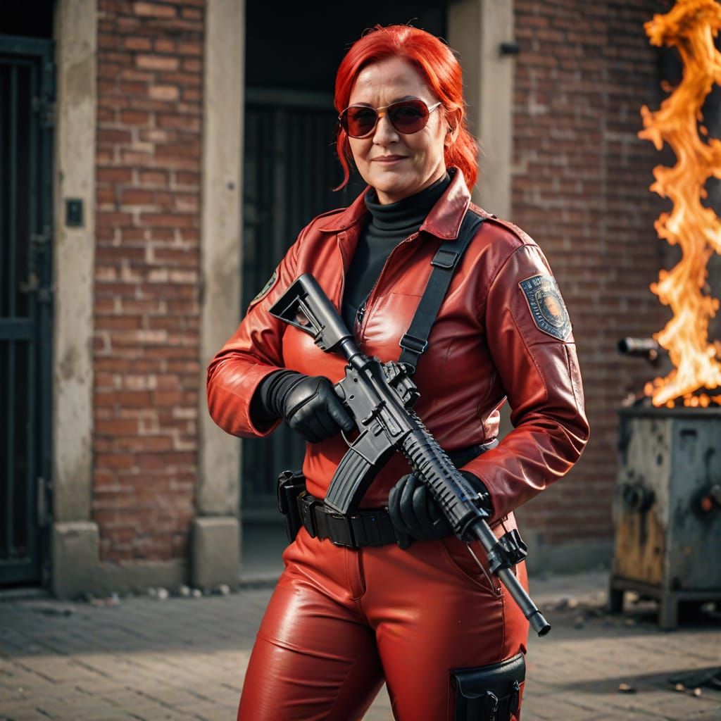 Curvy Lady Prisonguard Fires Submachinegun: Professional Pho...