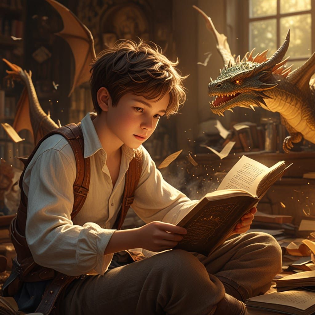 Boy Reading Book with Dragons and Fairies in Fantasy Style