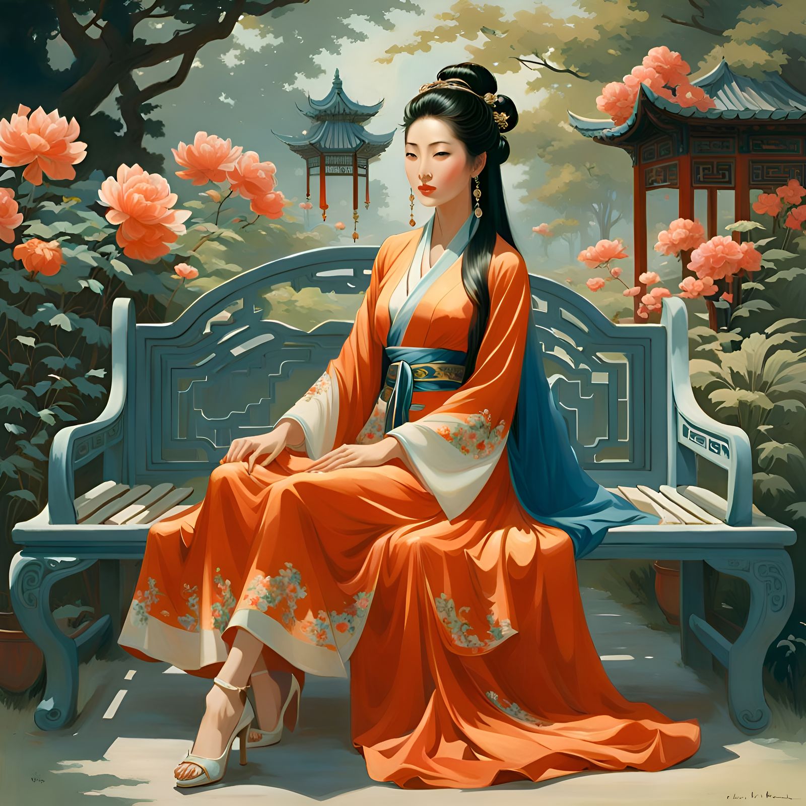Chinese Woman in Garden, Golden Age Illustration