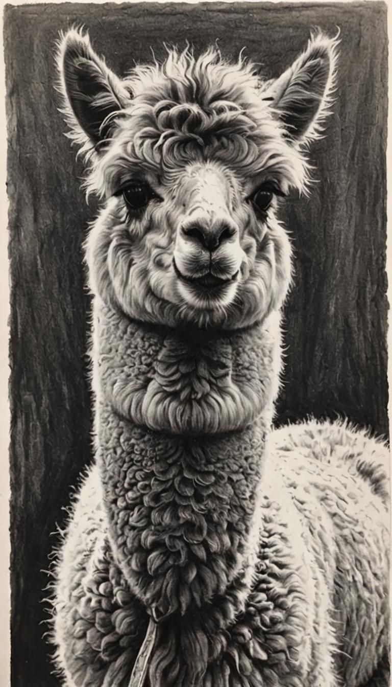 Detailed Charcoal Drawing of an Alpaca