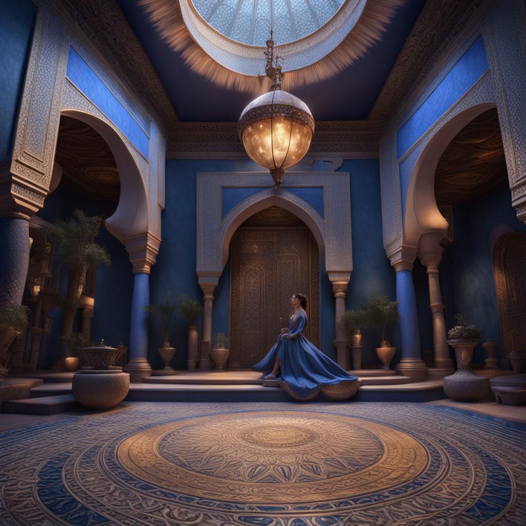 Blue Silk Dress in Moroccan Palace, Detailed Matte Painting