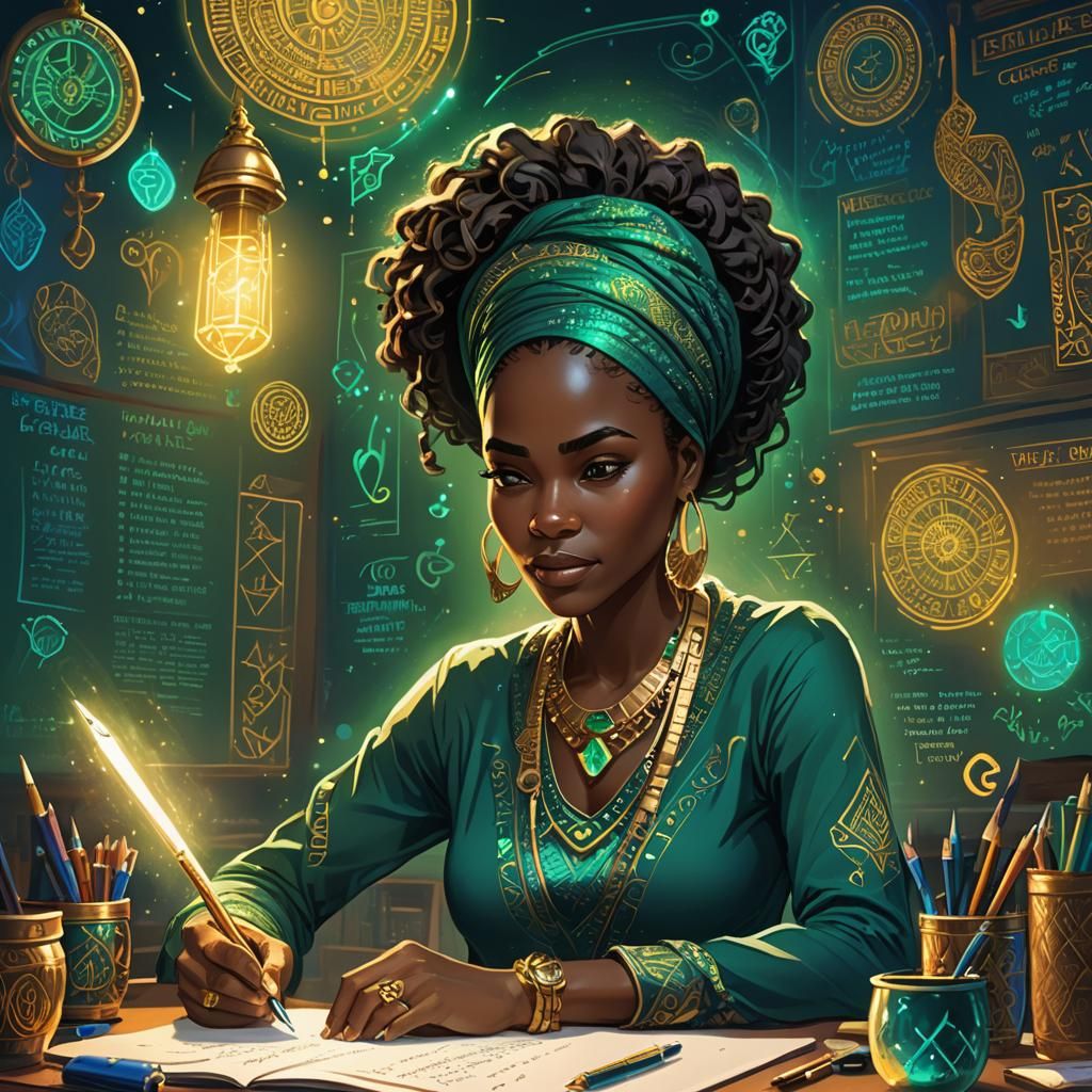 Inspiring Cartoon Woman Writing, Fantasy Digital Art