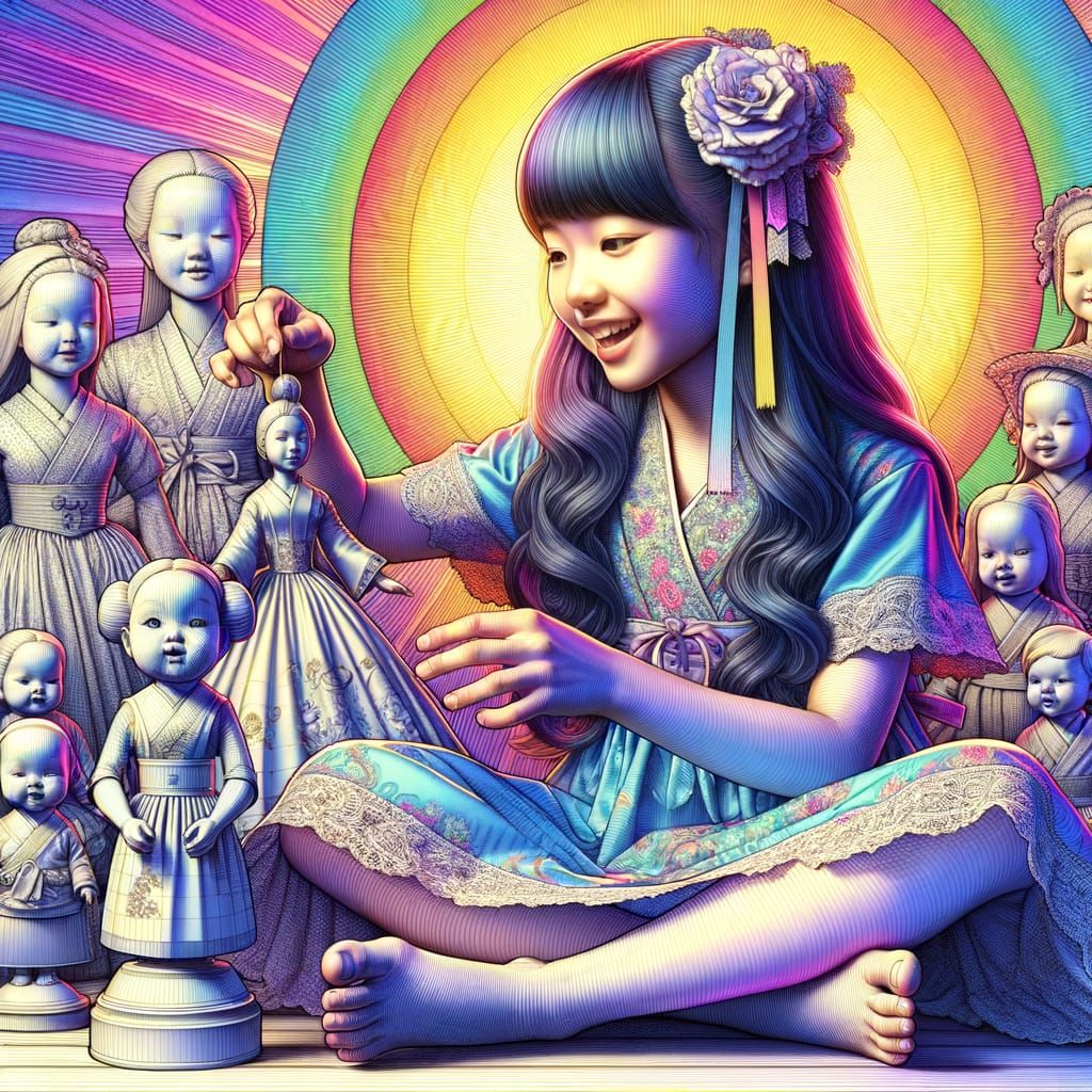 East-Asian Girl Plays with Dolls in 3D Digital Art Style