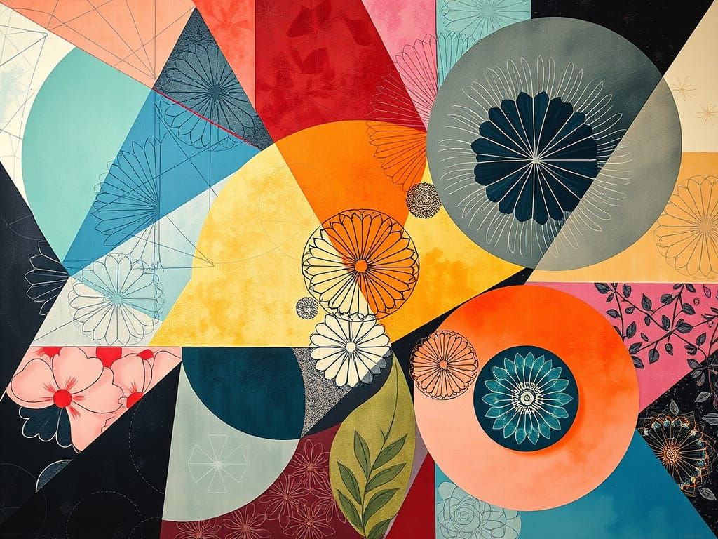 Vibrant Abstract Art: Interconnected Triangles & Circles