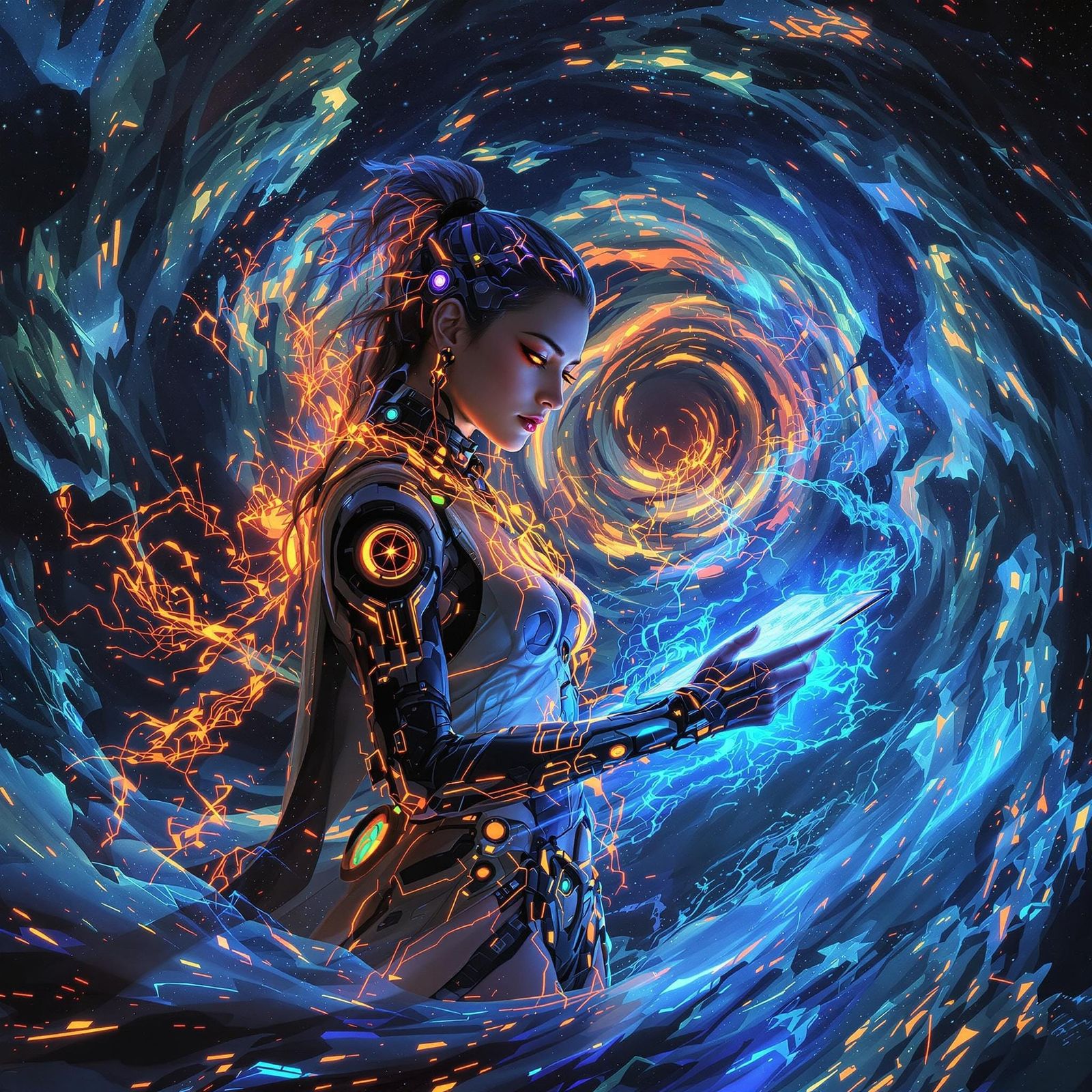 Cyberpunk Android Wizard in Medieval Space