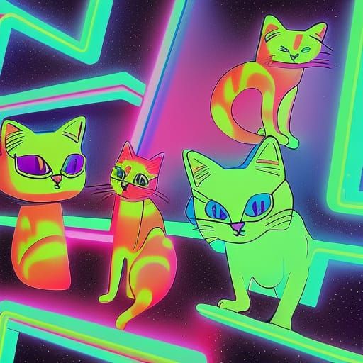 Cartoon Cats Robbing Store in Vaporwave Style