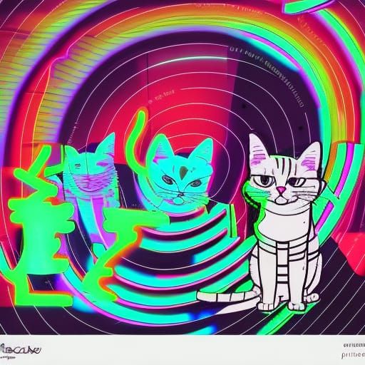 Cartoon Cats Robbing Store in Vaporwave Style