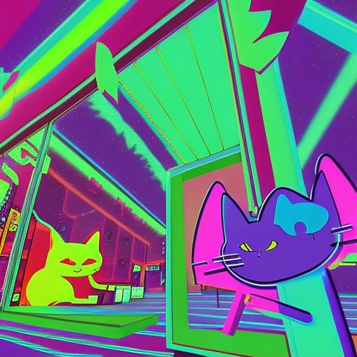 Cartoon Cats Robbing Store in Vaporwave Style