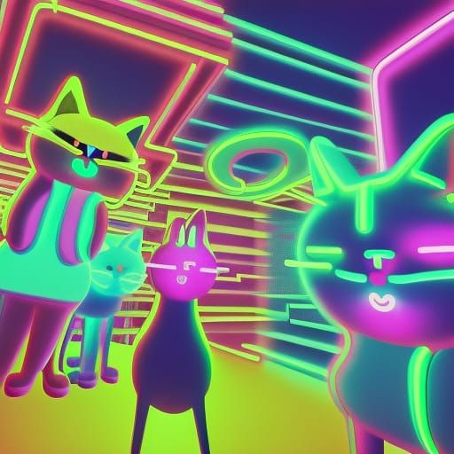 Cartoon Cats Robbing Store in Vaporwave Style