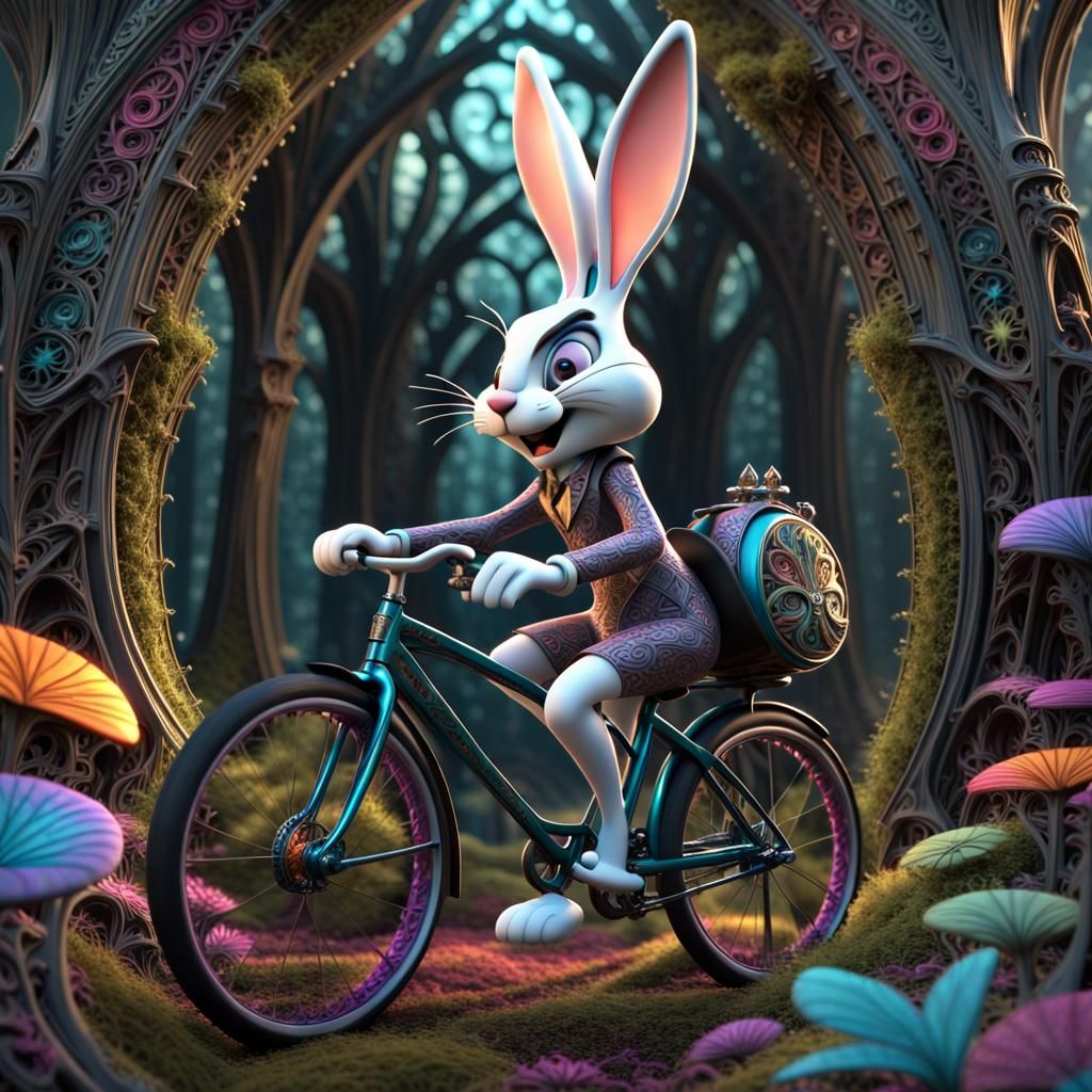 A whimsical bugs bunny character emerges from the depths of a gothic forest, riding a majestic bicycle