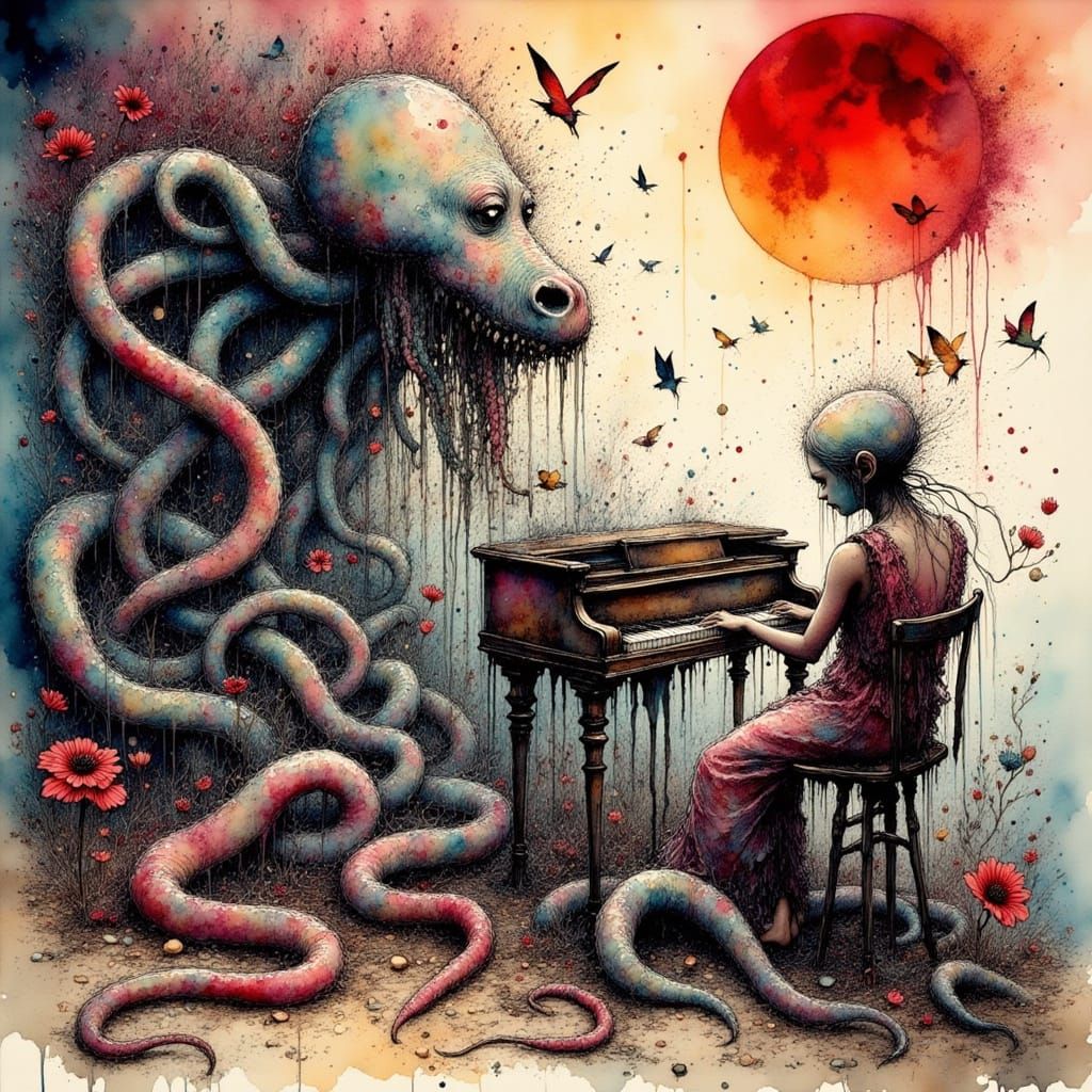 Surreal Ink Illustration of Piano Under the Sea