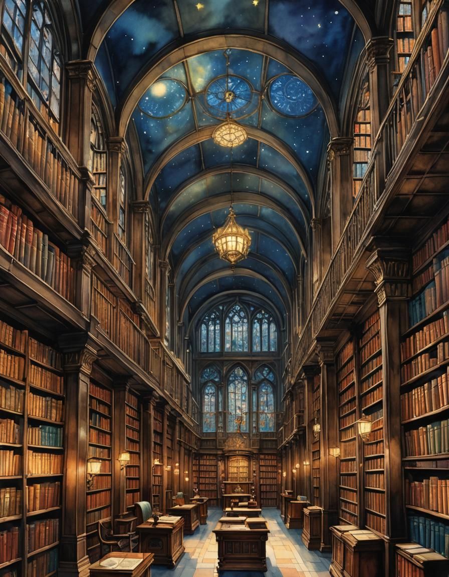 Ancient Library: Watercolor Painting of Gilded Tomes