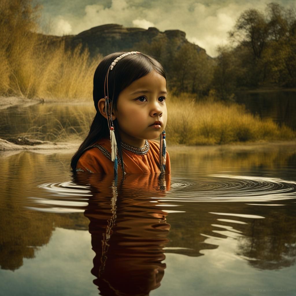Native American Child seeing  reflection of self in  water ,...