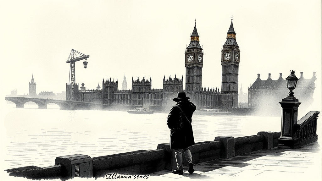London Fog: Big Ben in Mannerism Ink Drawing