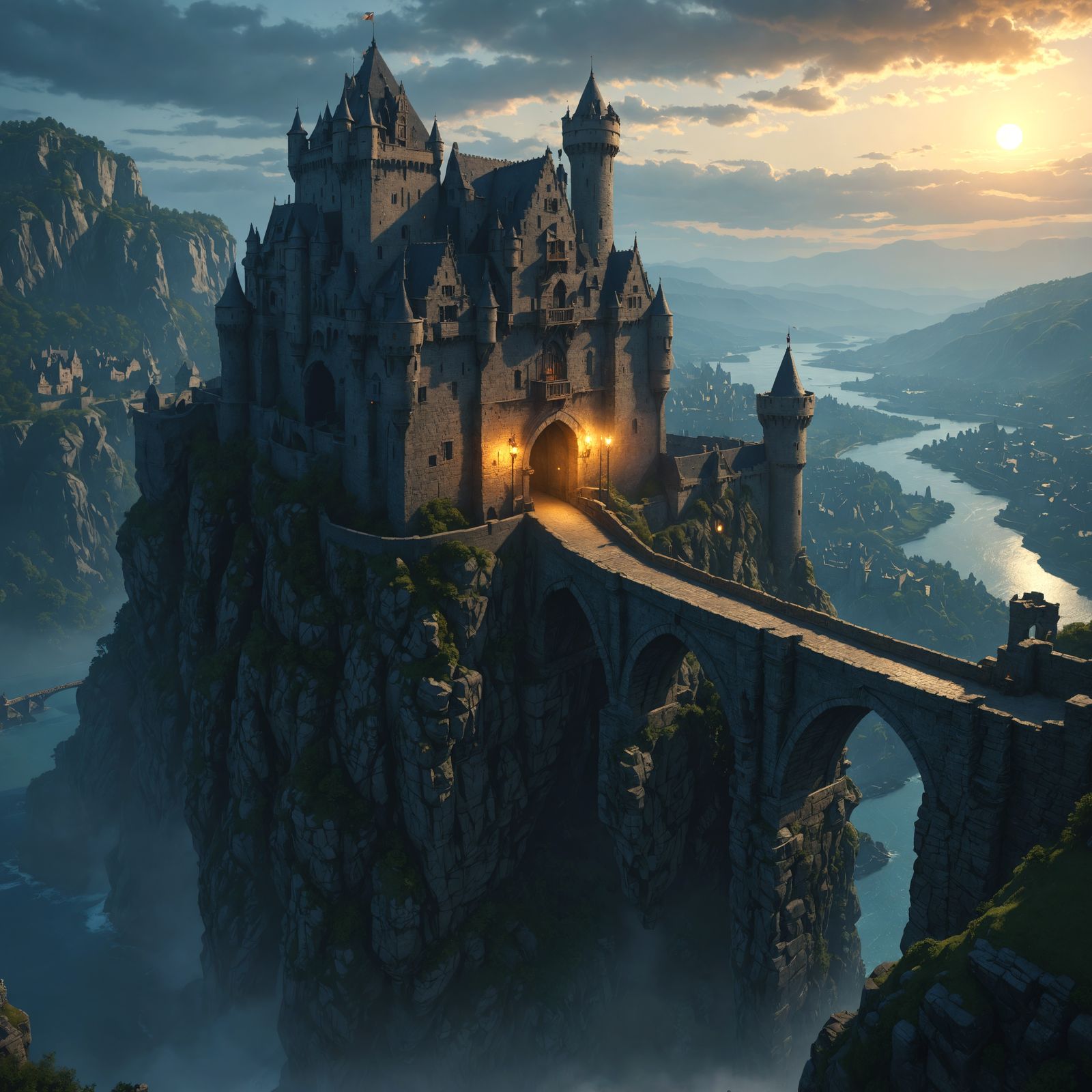 Ominous Castle with Warm Lights: Detailed Matte Painting