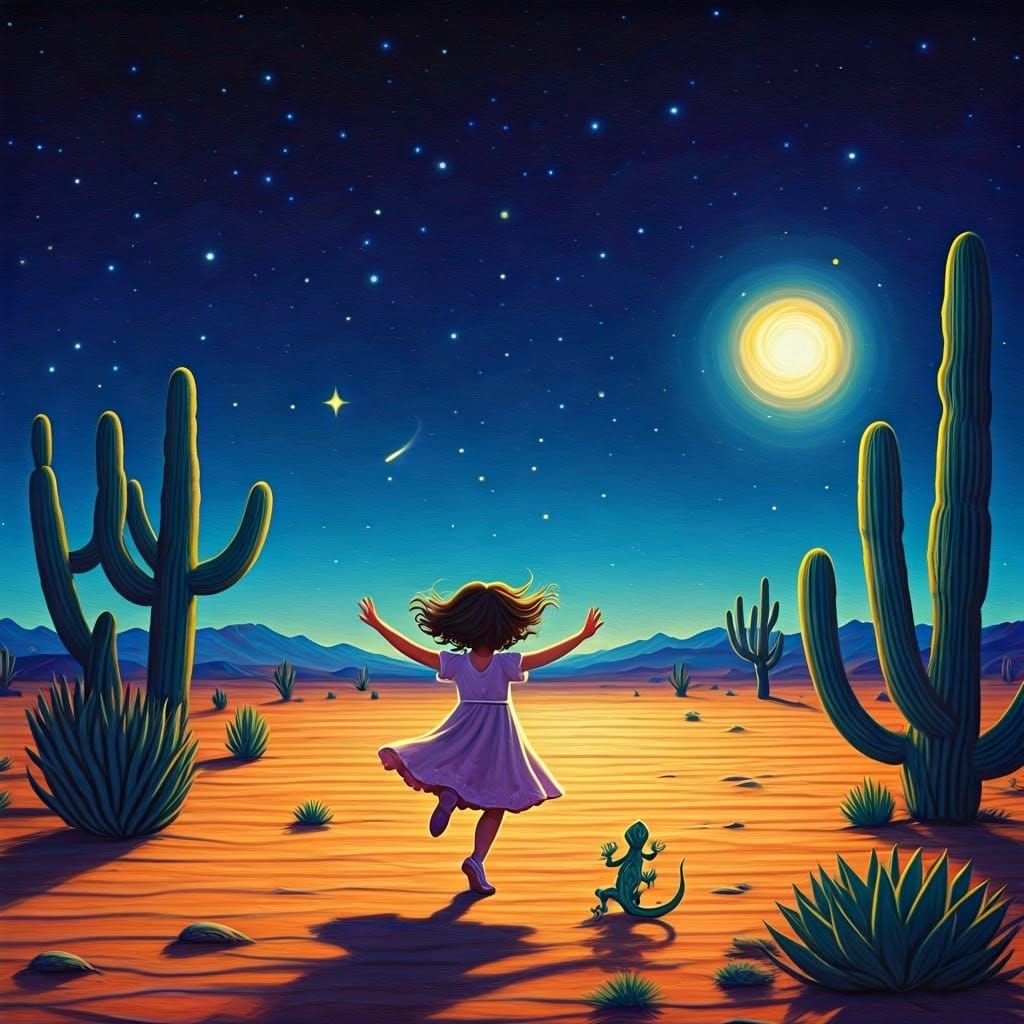 Girl and Gecko Dance in Desert Folk Art