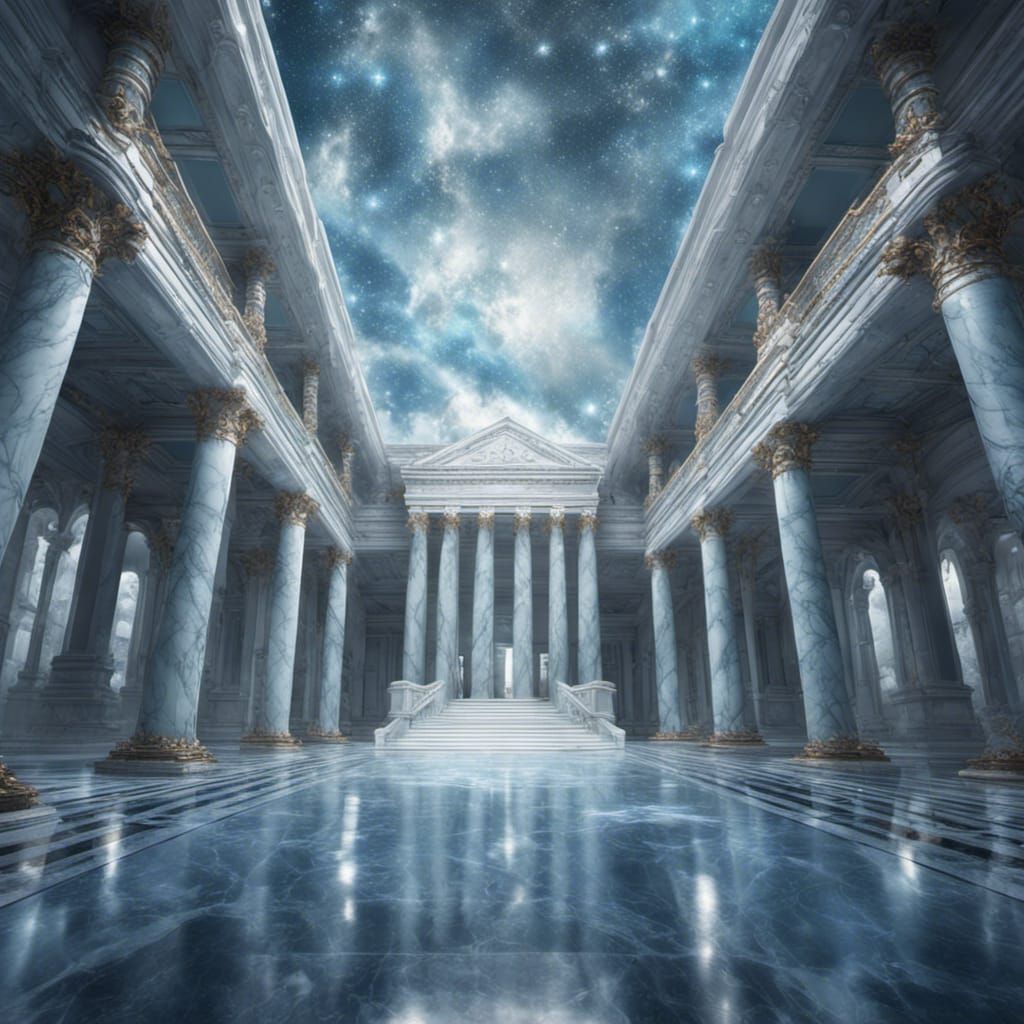 Icy Grand Hall with Marble Columns and Starry Sky