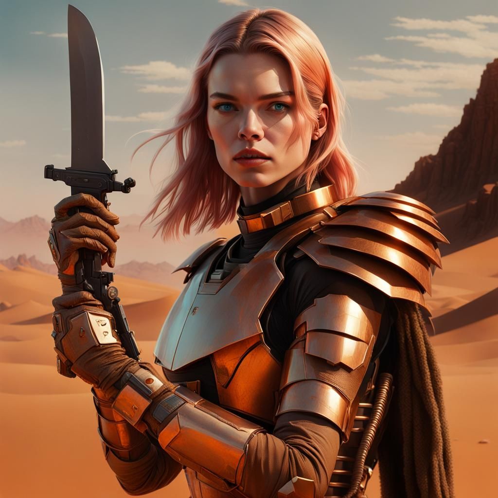 Sci-Fi Warrior in Desert Armor with Glowing Knife