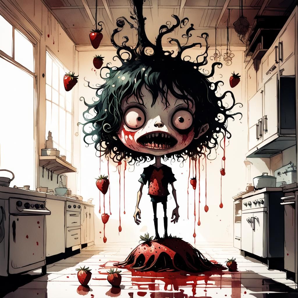 Decaying Strawberry Character in Gothic Horror Kitchen