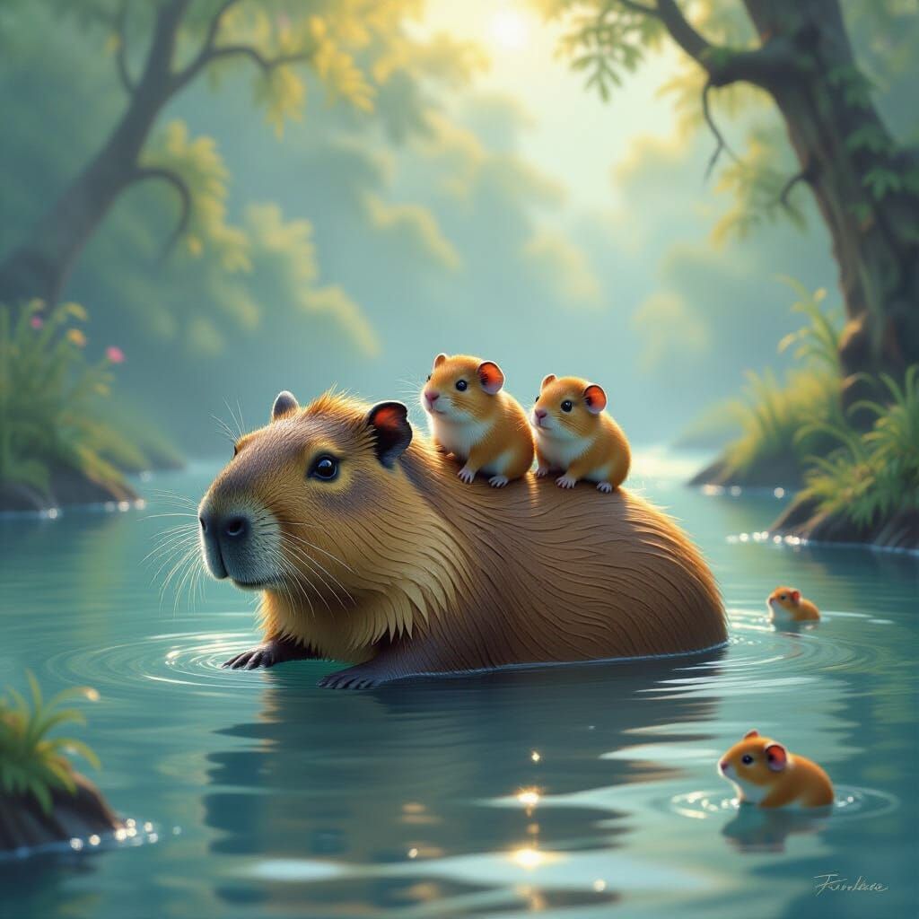 Fantasy Capybara-Sloth Hybrid with Guinea Pigs in Misty Rive...
