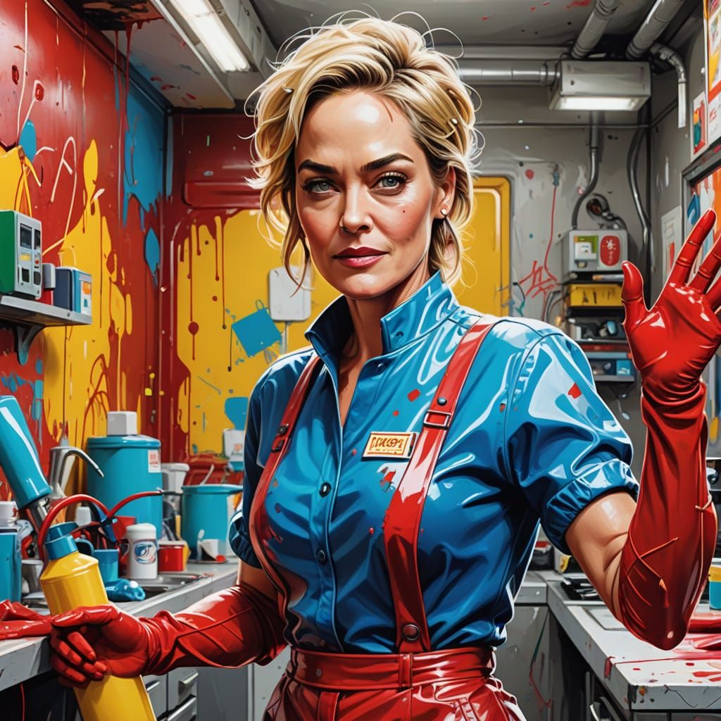 Sharon Stone as Cheerful Android in Graffiti Art Style