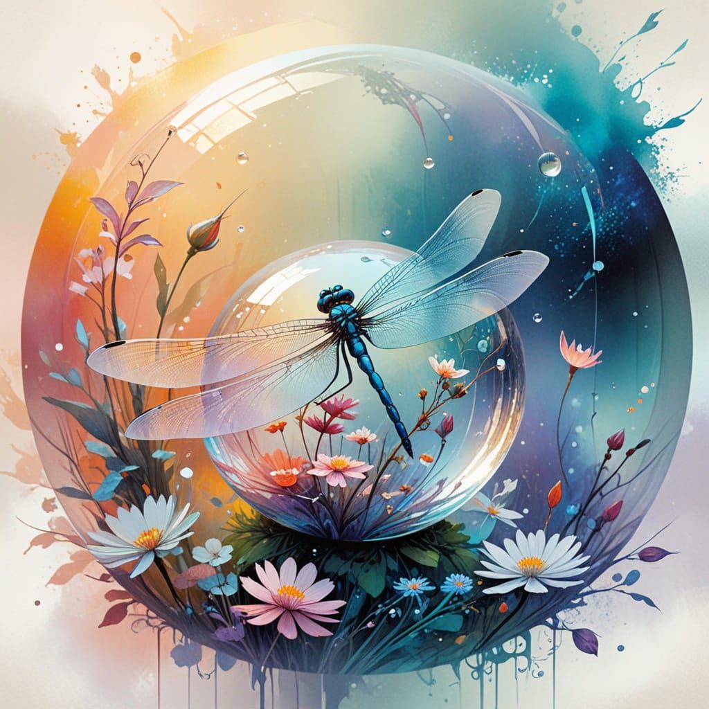 Whimsical Pastel Dragonfly in Glass Sphere