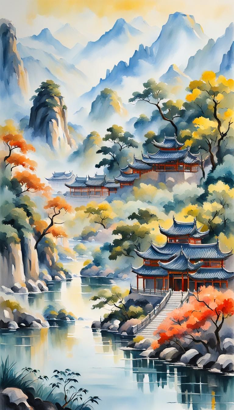 Chinese Landscape in Gouache Watercolor Style