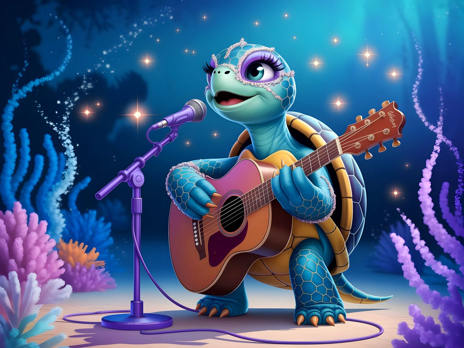 Whimsical Turtle Serenades Underwater with Jazz Music