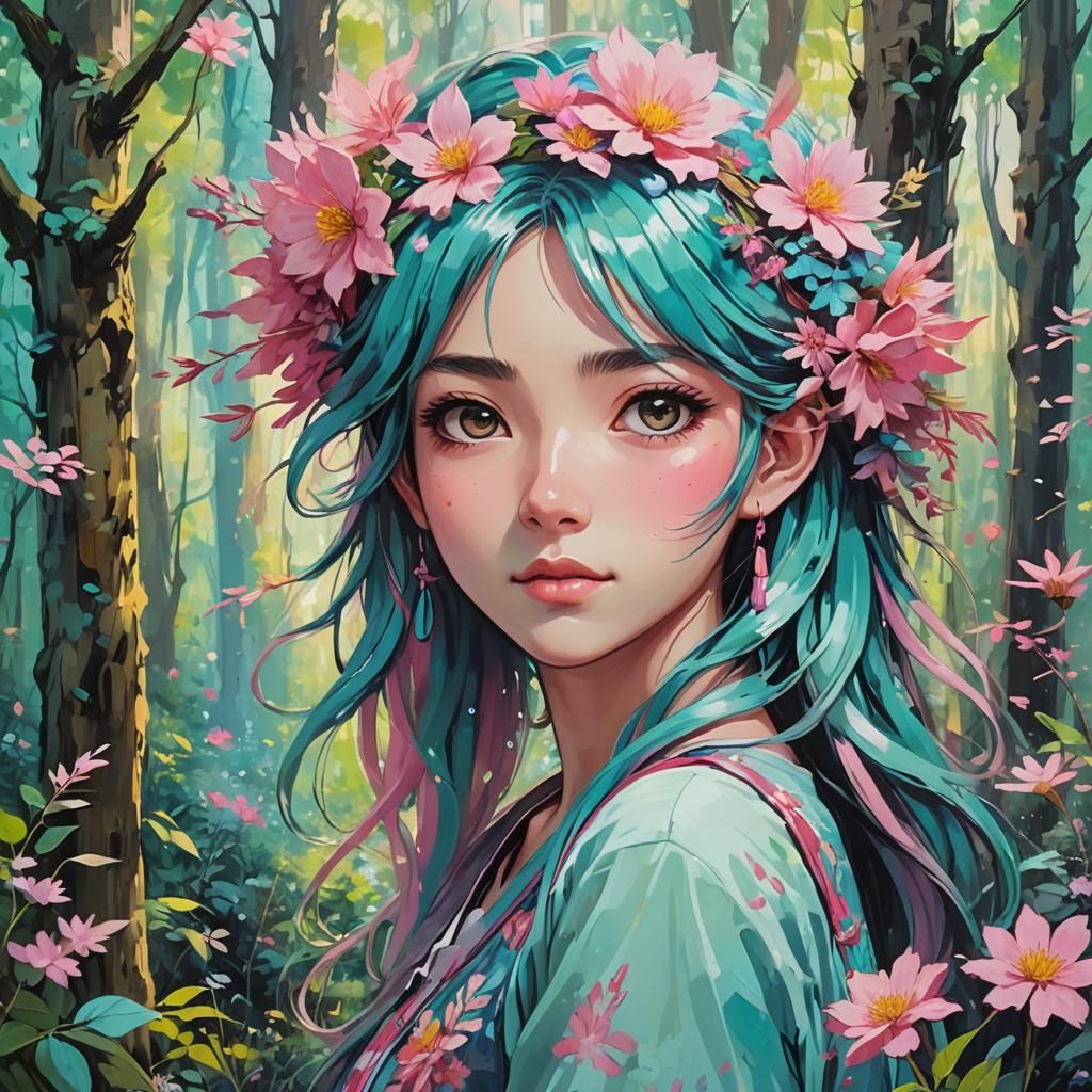 Anime Girl Portrait in Mystical Forest, Impressionist Style