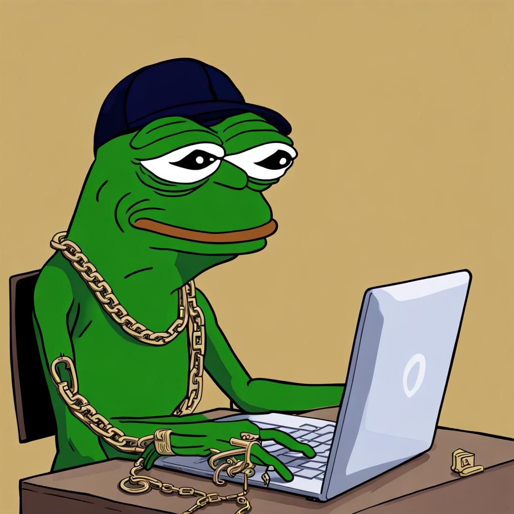 Make a meme of pepe the frog with computer code/ a programming language like PHP or SQL syntax as a background/ behind h...