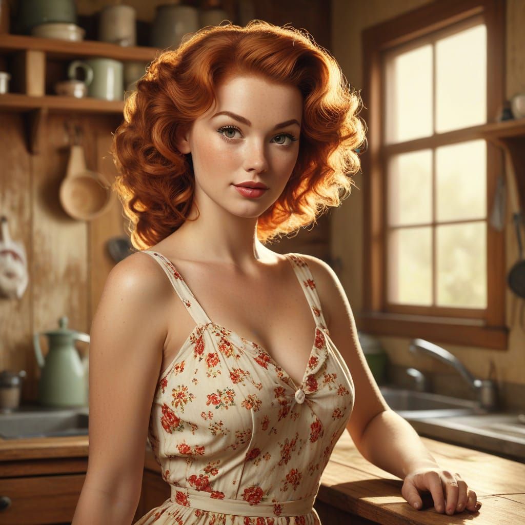 Retro Pin-Up Redhead in Vintage Illustration Style