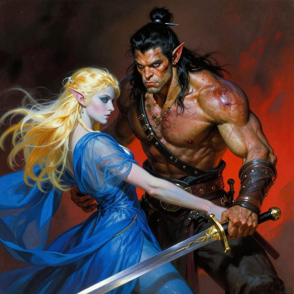 Orc Warrior Prince Defends Elf Companion in Epic Fantasy Sce...