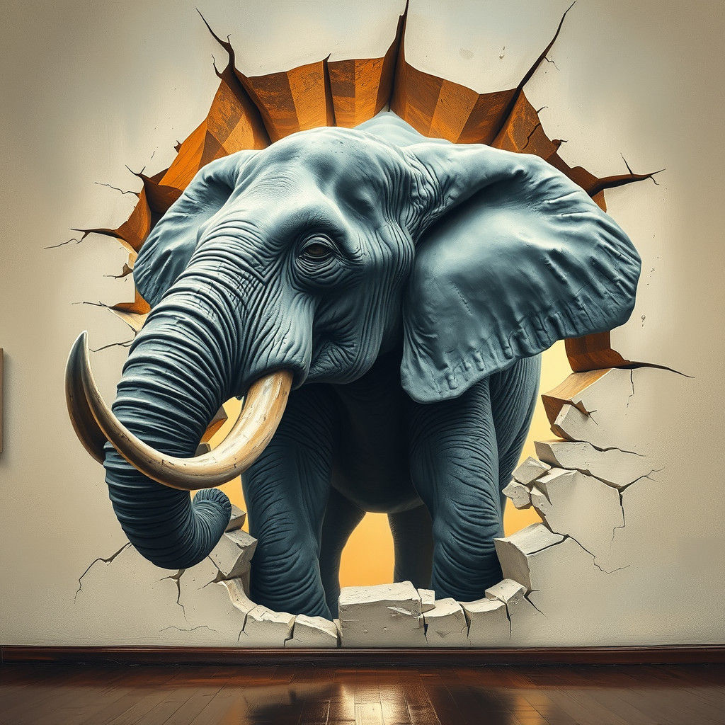 Elephant Breaks Through Wall in Surrealist Style
