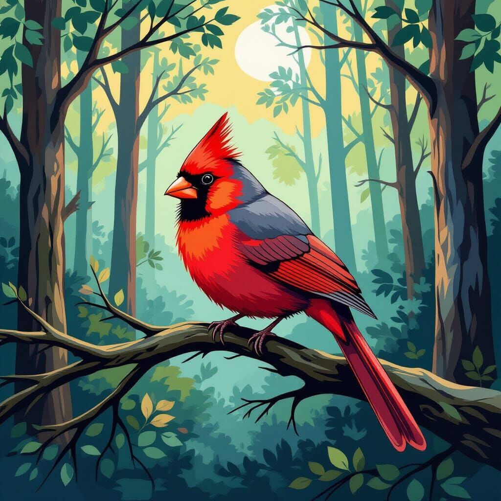Cardinal Resting on Branch in Van Gogh Style