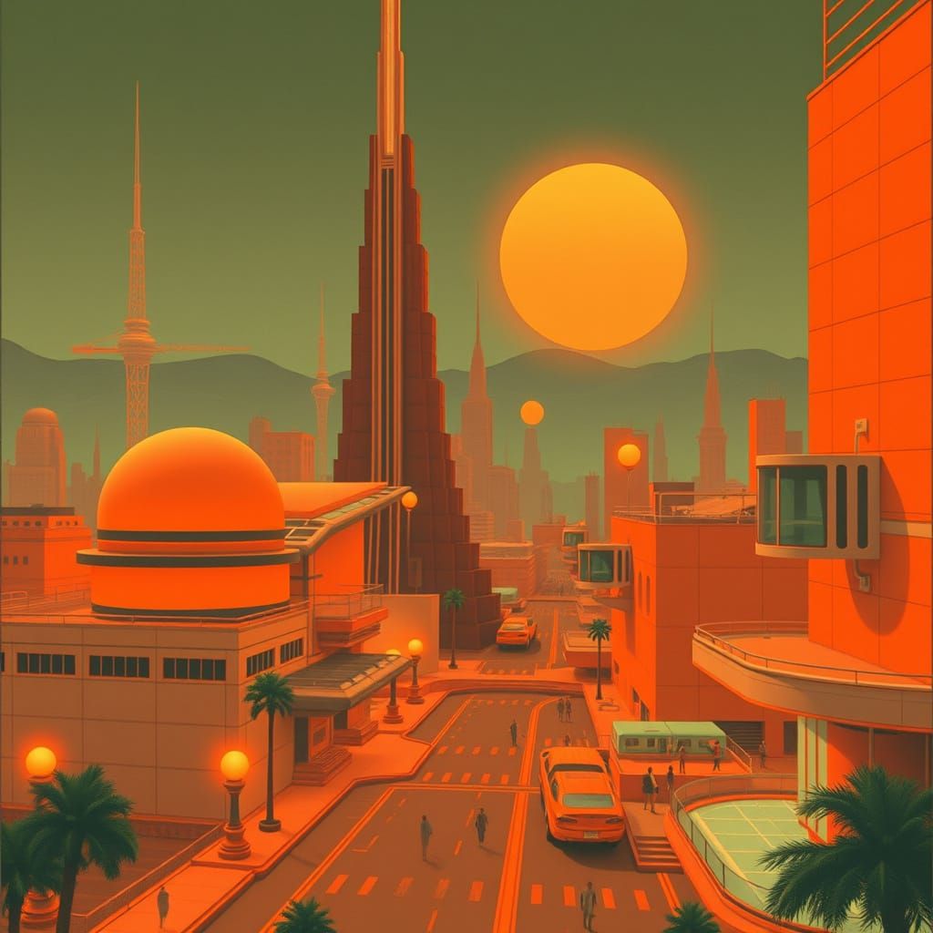 Retro-Futuristic Cityscape in Orange Tones