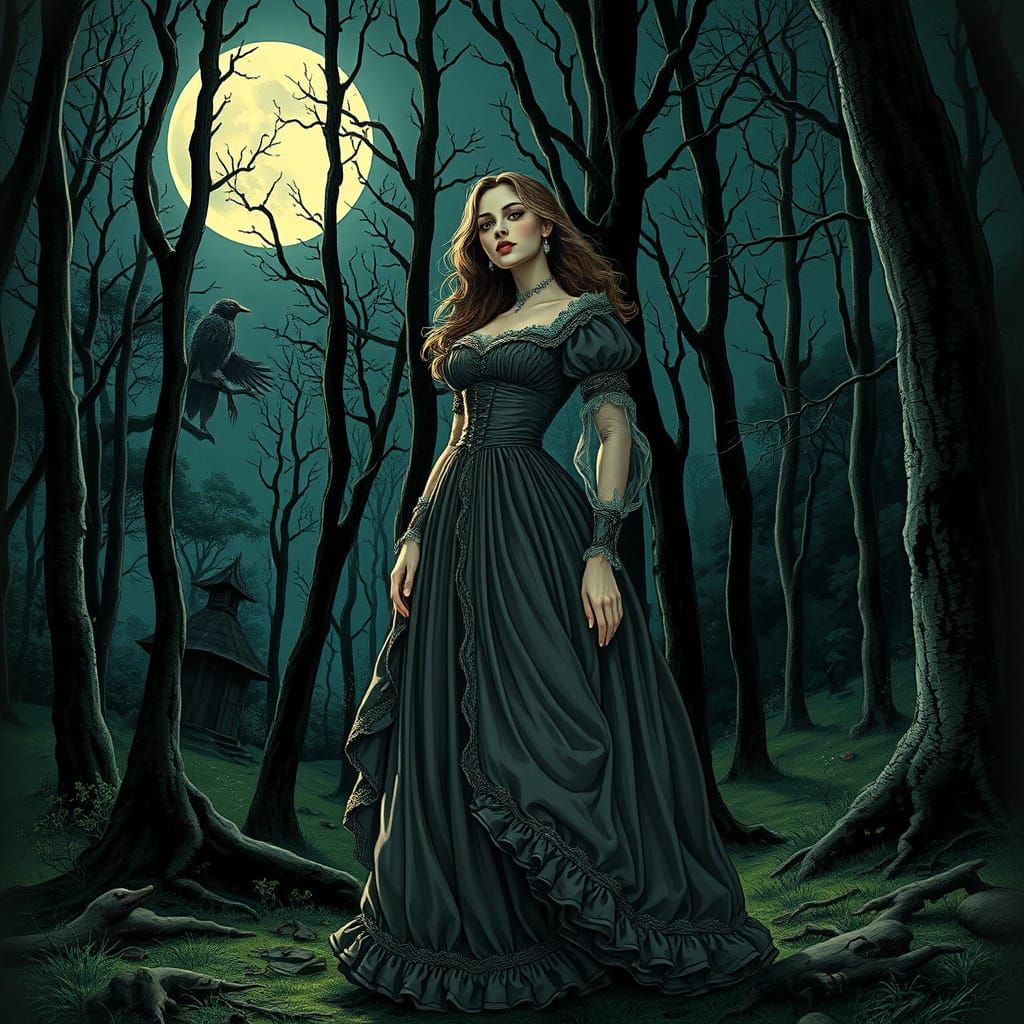 Victorian Woman in Mystical Forest, Blended Styles