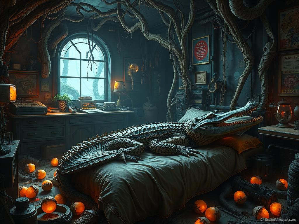Cluttered Swamp Acorn Bedroom Cyberpunk Crocodile