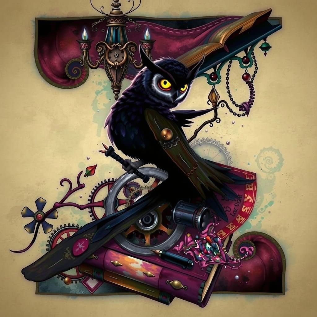 Whimsical Clockwork Owl on Books in Watercolor Style