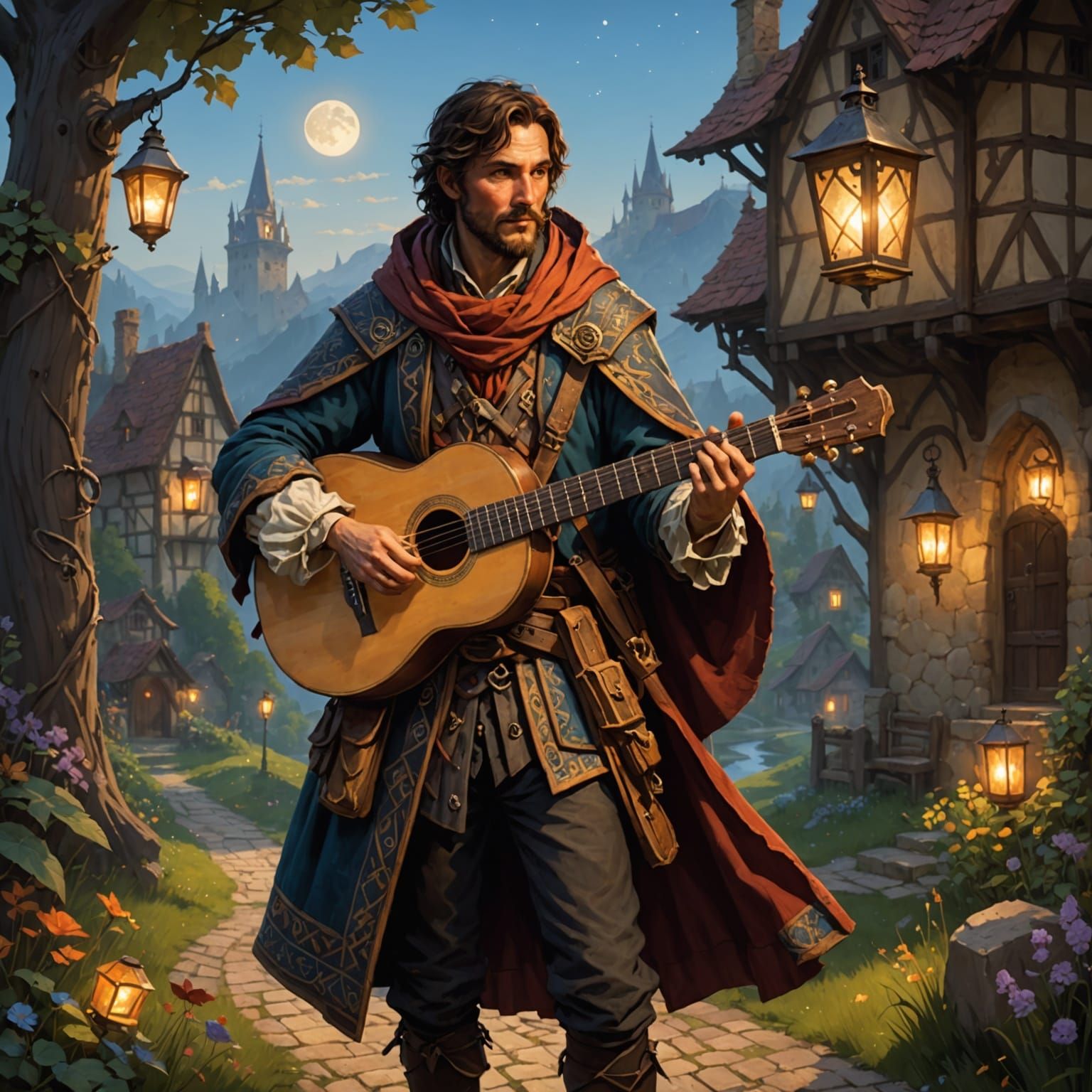 Bard on Lantern-Lit Path, Patchwork Cloak and Lute